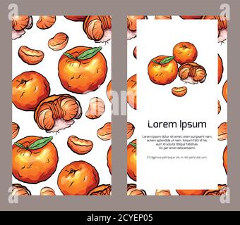 Vertical double sided banners  with tangerines and place for the text on white background. Vector template for menus, cards, recipes and your design. Stock Vector