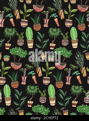 Seamless texture with of cartoon home flowers in pots with decorations on black background. Vector pattern for fabrics, wallpapers, backgrounds and yo Stock Vector