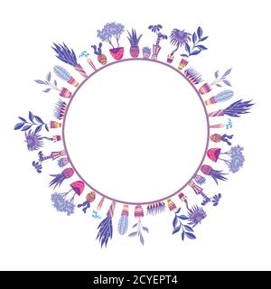 Round frame of home flowers in pots with decorations on the shelves. Objects separate from the background.  Vector element for cards, invitations and Stock Vector