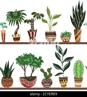Set of seamless borders with cartoon home flowers in pots with decorations on shelves.  Objects separate from the background. Vector pattern for frame Stock Vector