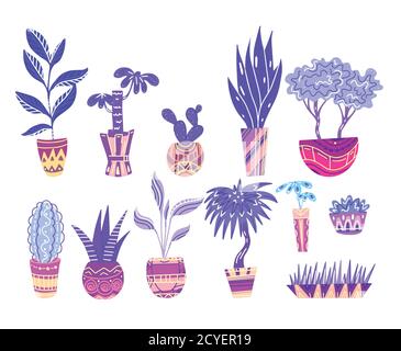 Set of neon cartoon home flowers in pots with decorations. Objects separate from the background. Vector element for stickers, buttons, cards and your Stock Vector