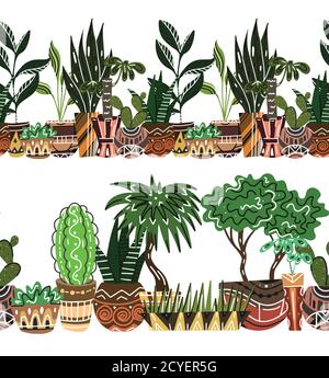 Set of seamless borders with cartoon home flowers in pots with decorations on shelves.  Objects separate from the background. Vector pattern for frame Stock Vector
