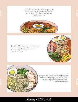 Set of horizontal banners with colorful cartoon illustration of  ramen in different angles. Noodles. Objects separate from the background. Vector temp Stock Vector