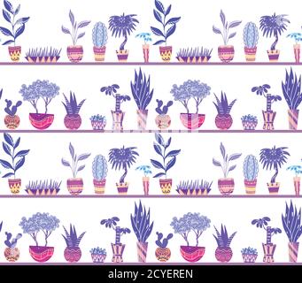 Seamless neon texture with cartoon home flowers in pots with decorations on shelves.  Objects separate from the background. Vector pattern for frames, Stock Vector