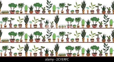 Seamless texture with cartoon home flowers in pots with decorations on shelves on white background. Vector pattern for frames, cards, backgrounds and Stock Vector