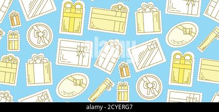 Seamless festive texture with linear gift boxes on blue background. Vector pattern for your creativity Stock Vector