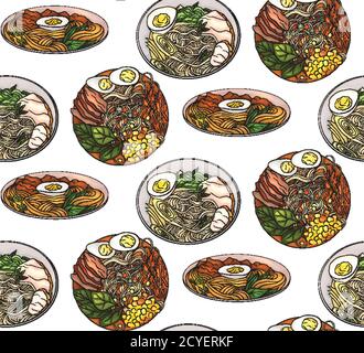 Seamless pattern with coloring cartoon illustration of  ramen in different angles. Noodles. Vector texture for wallpaper, wraps, fabric and your crati Stock Vector