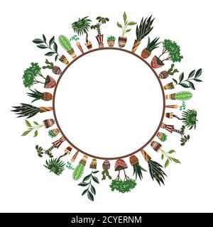 Round frame of home flowers in pots with decorations on the shelves. Objects separate from the background.  Vector element for cards, invitations and Stock Vector