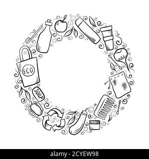 Round frame with hand drawn Zero Waste objects and lettering. The ...