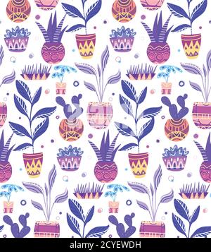 Seamless neon texture with of cartoon home flowers in pots with decorations on white background. Vector pattern for fabrics, wallpapers, backgrounds a Stock Vector