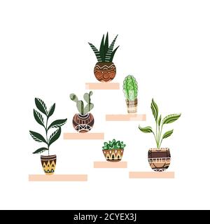 Illustration of cartoon home flowers in pots with decorations on shelves. Objects separate from the background. Vector element for stickers, buttons, Stock Vector