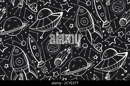 Seamless black and white pattern with hand drawn contour child illustrations of stars, spaceships and UFOs. Vector doodle texture for wallpaper, texti Stock Vector