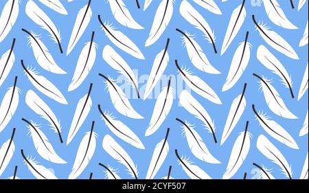 Seamless pattern with white feathers on blue background. Vector texture for your wrappers, wallpaper and your design. Stock Vector
