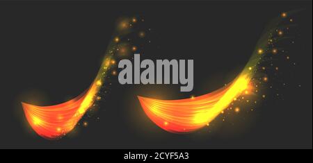 Set of golden elements with shining sparkle on dark background. Vector flaming wings for your design. Stock Vector
