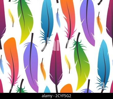 Seamless pattern with colorful different feathers on white background. Vector texture for your wrappers, wallpaper and your design. Stock Vector