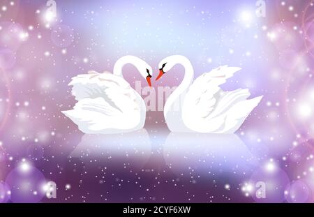 Romantic illustration of a pair of white swans on a blurred background with sparkles. Married couple. Romance. Vector illustration for your creativity Stock Vector