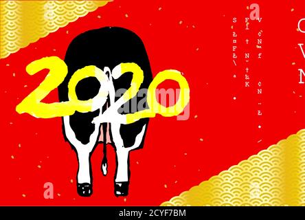 This is a illustration of 2020 Realistic hand painted cow New Years card with Qinghai wave Stock Vector