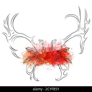 Linear illustration of deer horns with roses and feathers with watercolor spray. Vector element for  sketch for tattoos, print on t-shirts and for you Stock Vector