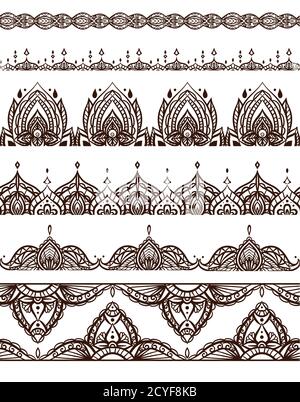 Set of seamless mehendi patterns. Vector borders for frames, cards, invitations, tattoos and your design Stock Vector