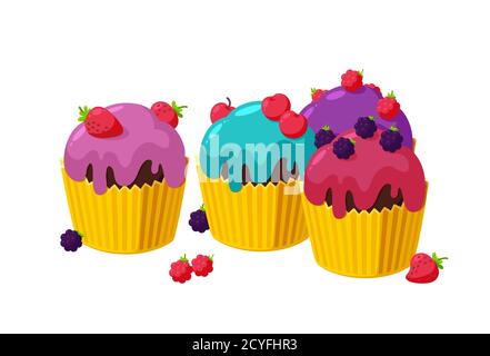 Cupcakes with cherry, raspberry, blackberry and strawberry. Set of birthday muffins in paper cup. Tasty desserts with shiny frosting. Vector Stock Vector