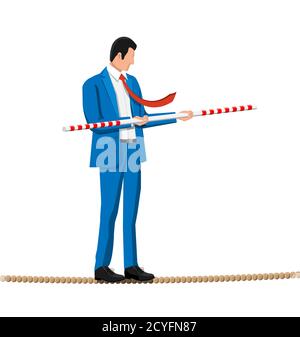 Businessman in suit walking on rope with suitcase and stick. Business man walking on tightrope gap. Obstacle on road, financial crisis. Risk management challenge. Vector illustration in flat style Stock Vector