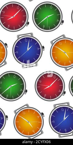 Seamless texture with multicolored realistic clock. Vector pattern for fabrics, wallpaper and your creativity Stock Vector