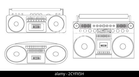 Set of linear illustrations of audio tape recorders and boom box. Vector black and white element for your creativity Stock Vector