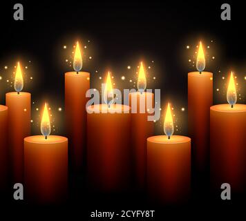 Seamless border with luminous candles on a dark background. Vector border for your creativity Stock Vector