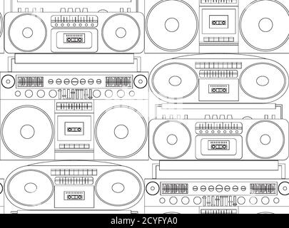 Seamless black and white texture with contour tape recorders and boom boxes. Vector pattern for fabrics, wallpaper and your creativity Stock Vector