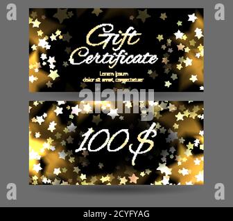 Gift certificate with sparks and stars on a dark background. Festive offer. Template for your creativity Stock Vector
