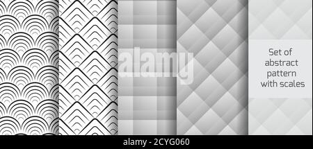 Set of abstract black and white patterns with scales. Vector gray backgrounds for your design. Stock Vector