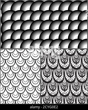 Set of abstract black and white patterns with scales. Vector gray backgrounds for your design. Stock Vector