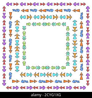 Set of square frames from hand drawn multicolored different arrows. Vector background for your design. Stock Vector