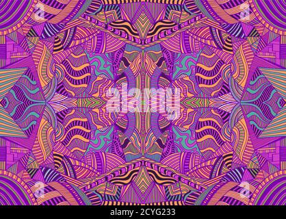 Psychedelic kaleidoscope colorful background with many crazy geometric pattern. Stock Vector