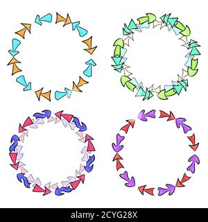 Set of round frames from hand drawn multicolored different arrows. Vector element for infographics, invitations, postcards and your design Stock Vector