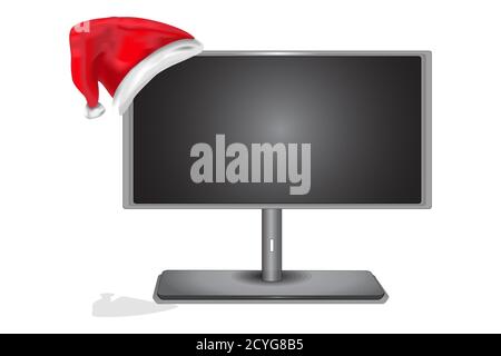 Christmas computer monitor isolated on white background. Christmas or New Year PC screen with red santas hat. Holiday display LCD. Winter offer.Vector Stock Vector