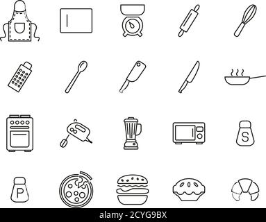 Home baking tools. Flat vector thin line icons. Essential kitchen