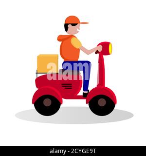 Delivery man riding by red motorcycle or scooter illustration. Express transportations concept. Flat style, logo design vector template for company Stock Vector