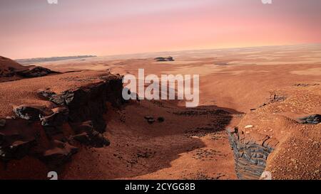 Planet Mars Rivers Martian landscape with ancient river bed, river mouth into Jezero ...