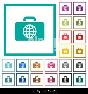 Travel bag flat color icons with quadrant frames on white background Stock Vector