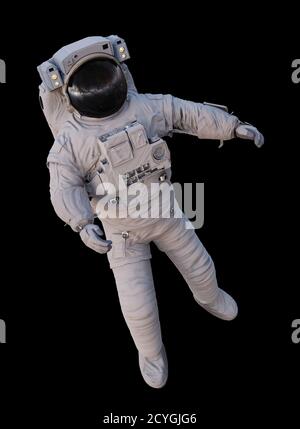 astronaut flying in outer space, isolated on black background Stock Photo