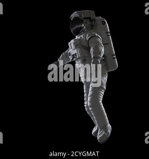 astronaut flying in outer space, isolated on black background Stock Photo