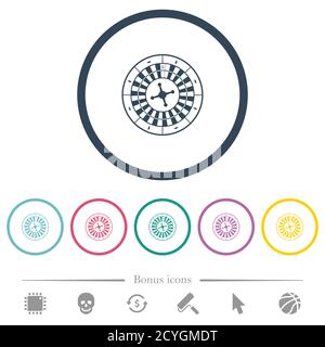 Roulette wheel flat color icons in round outlines. 6 bonus icons included. Stock Vector