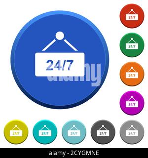 hanging table with 24h seven days a week round color beveled buttons with smooth surfaces and flat white icons Stock Vector