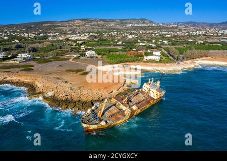 Aerial view of the Edro 111 shipwreck on the rocks near Peyia, Paphos, Cyprus. The ship run aground during a storm in December 2011. Stock Photo