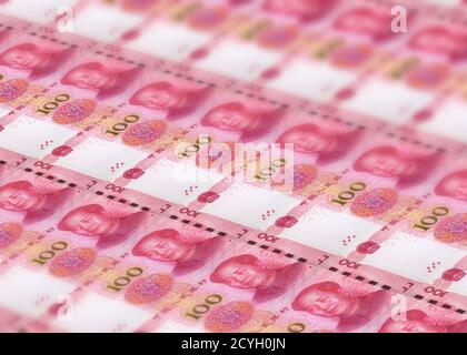 Stacks background of millions banknotes of 100 Chinese Yuan with Mao Tse-tung leader. Concept of printing money from the Chinese mint of Chinese banks Stock Photo