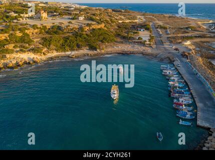 Aerial view of Agios Georgios (St Georges) harbour and church, Akamas, Paphos region, Cyprus Stock Photo