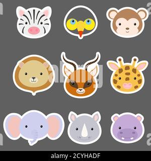 Set of cute funny animal heads stickers. African cartoon animal characters for baby print design, kids wear, baby shower, greeting and invitation card Stock Vector