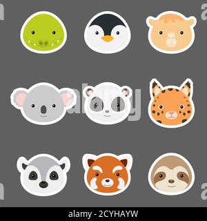 Set of cute funny animal heads stickers. Wild cartoon animal characters for baby print design, kids wear, baby shower, greeting and invitation card, w Stock Vector