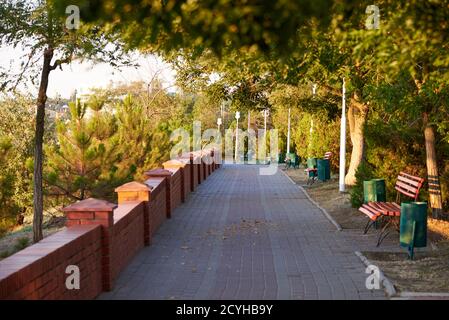 An empty alley in a city park, benches, rubbish bins, a brick fence. Stock Photo